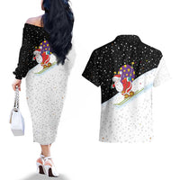 Santa Claus Ski My Life Is Going Downhill Christmas Couples Matching Off The Shoulder Long Sleeve Dress and Hawaiian Shirt Xmas Holiday Patterns - Wonder Print Shop