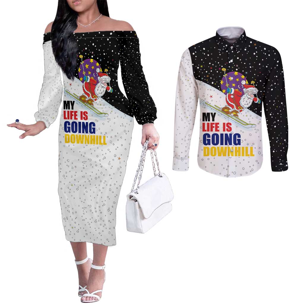 Santa Claus Ski My Life Is Going Downhill Christmas Couples Matching Off The Shoulder Long Sleeve Dress and Long Sleeve Button Shirt Xmas Holiday Patterns - Wonder Print Shop