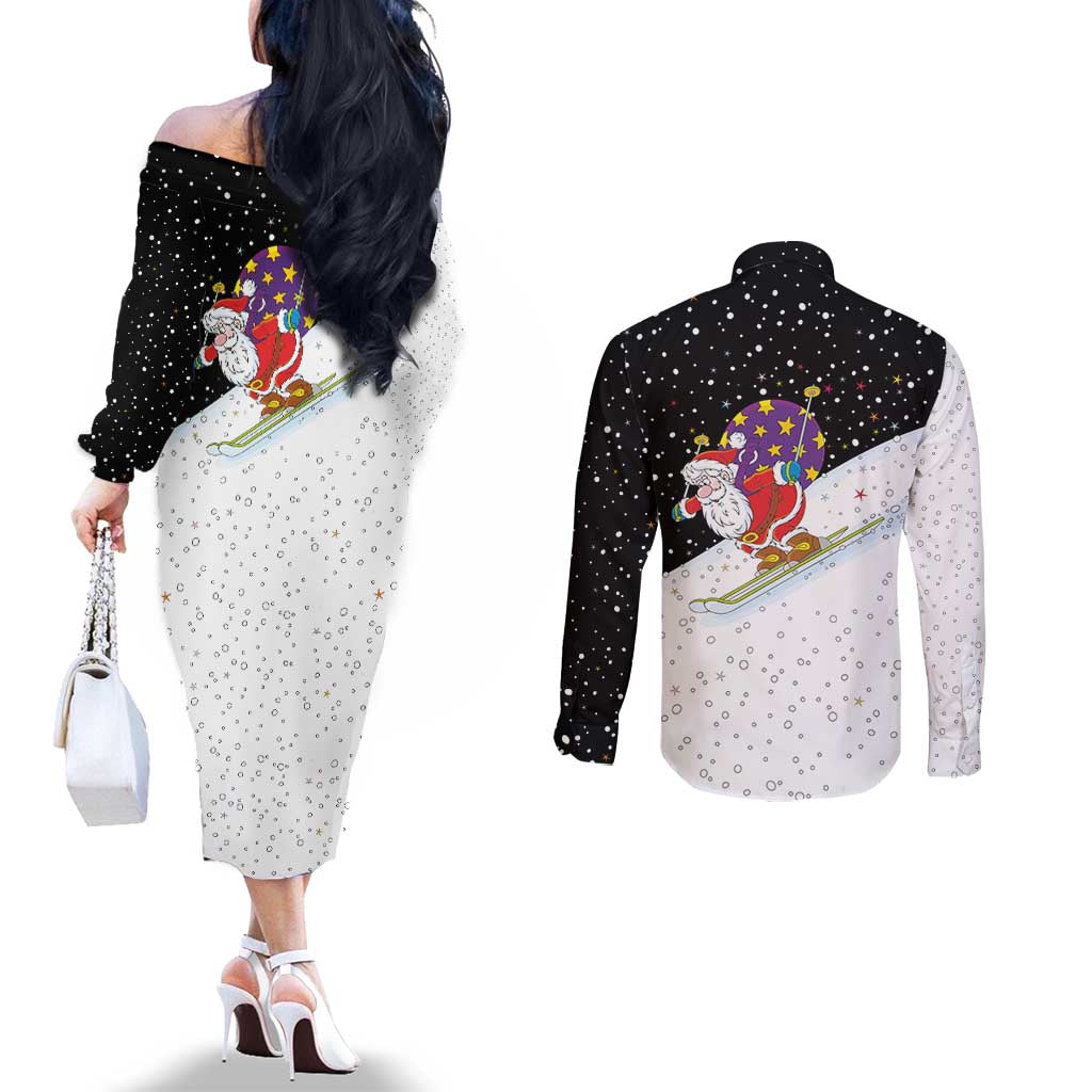Santa Claus Ski My Life Is Going Downhill Christmas Couples Matching Off The Shoulder Long Sleeve Dress and Long Sleeve Button Shirt Xmas Holiday Patterns - Wonder Print Shop