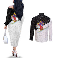 Santa Claus Ski My Life Is Going Downhill Christmas Couples Matching Off The Shoulder Long Sleeve Dress and Long Sleeve Button Shirt Xmas Holiday Patterns - Wonder Print Shop