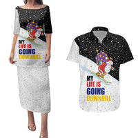 Santa Claus Ski My Life Is Going Downhill Christmas Couples Matching Puletasi and Hawaiian Shirt Xmas Holiday Patterns - Wonder Print Shop