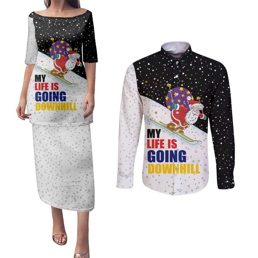 Santa Claus Ski My Life Is Going Downhill Christmas Couples Matching Puletasi and Long Sleeve Button Shirt Xmas Holiday Patterns - Wonder Print Shop