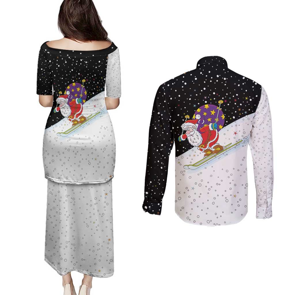 Santa Claus Ski My Life Is Going Downhill Christmas Couples Matching Puletasi and Long Sleeve Button Shirt Xmas Holiday Patterns - Wonder Print Shop