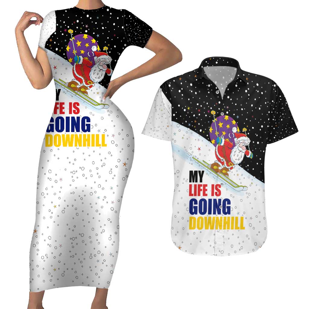 Santa Claus Ski My Life Is Going Downhill Christmas Couples Matching Short Sleeve Bodycon Dress and Hawaiian Shirt Xmas Holiday Patterns - Wonder Print Shop