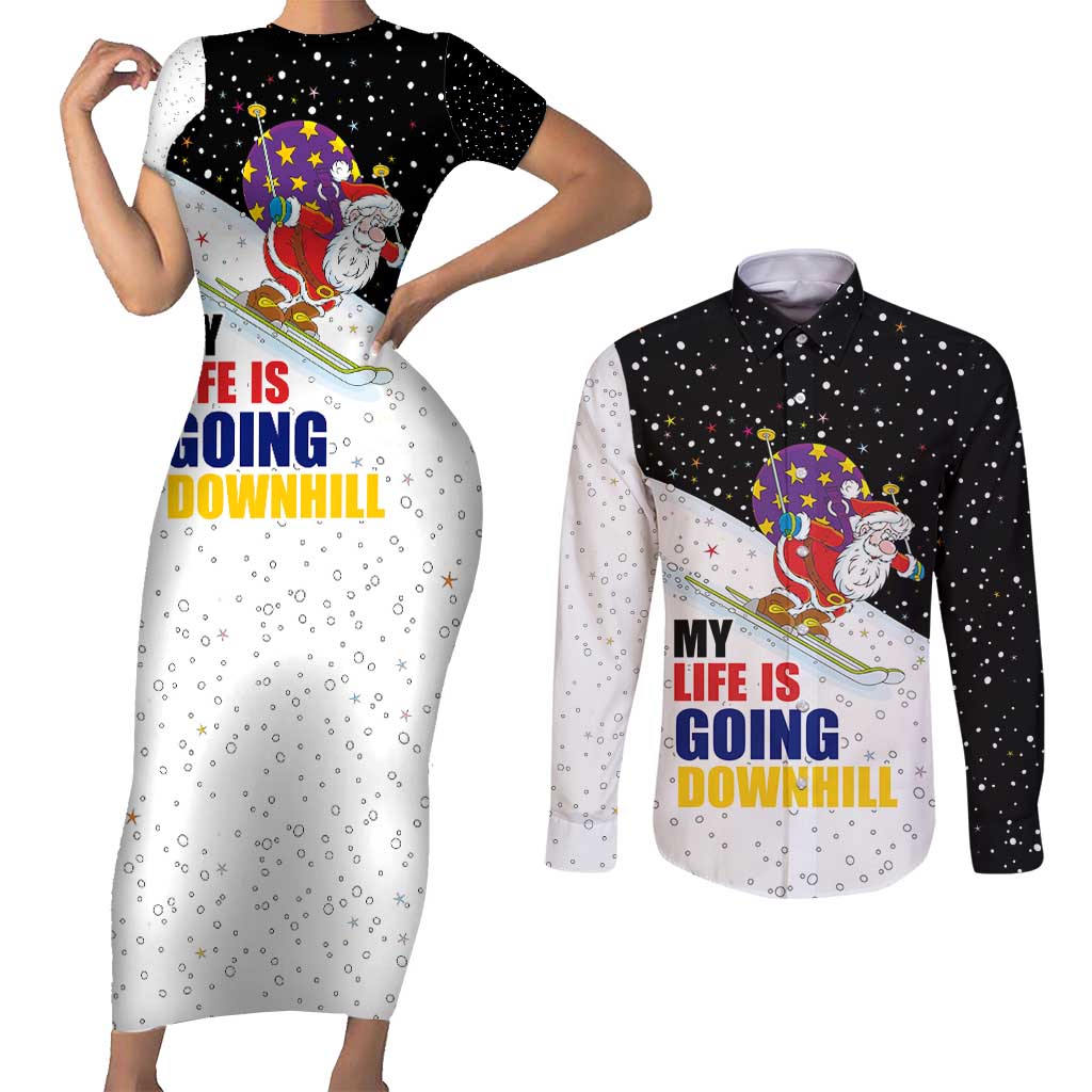 Santa Claus Ski My Life Is Going Downhill Christmas Couples Matching Short Sleeve Bodycon Dress and Long Sleeve Button Shirt Xmas Holiday Patterns - Wonder Print Shop