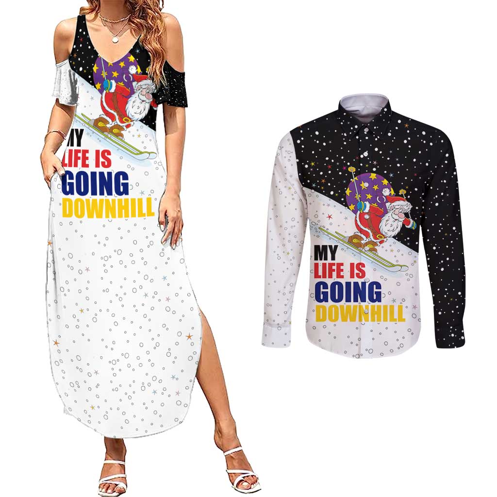 Santa Claus Ski My Life Is Going Downhill Christmas Couples Matching Summer Maxi Dress and Long Sleeve Button Shirt Xmas Holiday Patterns - Wonder Print Shop