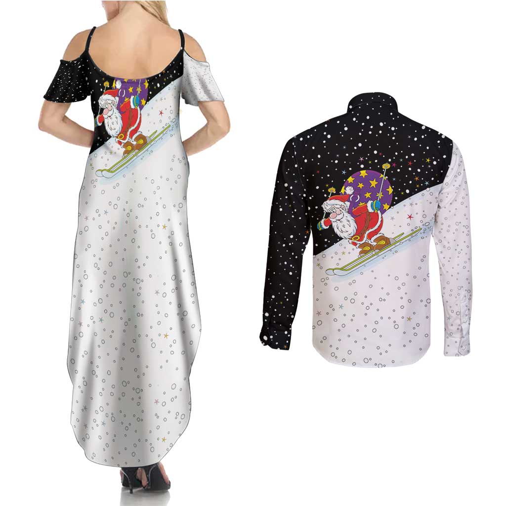 Santa Claus Ski My Life Is Going Downhill Christmas Couples Matching Summer Maxi Dress and Long Sleeve Button Shirt Xmas Holiday Patterns - Wonder Print Shop
