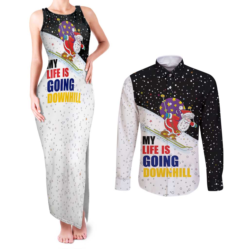 Santa Claus Ski My Life Is Going Downhill Christmas Couples Matching Tank Maxi Dress and Long Sleeve Button Shirt Xmas Holiday Patterns - Wonder Print Shop