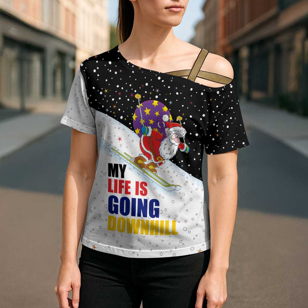 Santa Claus Ski My Life Is Going Downhill Christmas Cross Shoulder Shirt Xmas Holiday Patterns - Wonder Print Shop