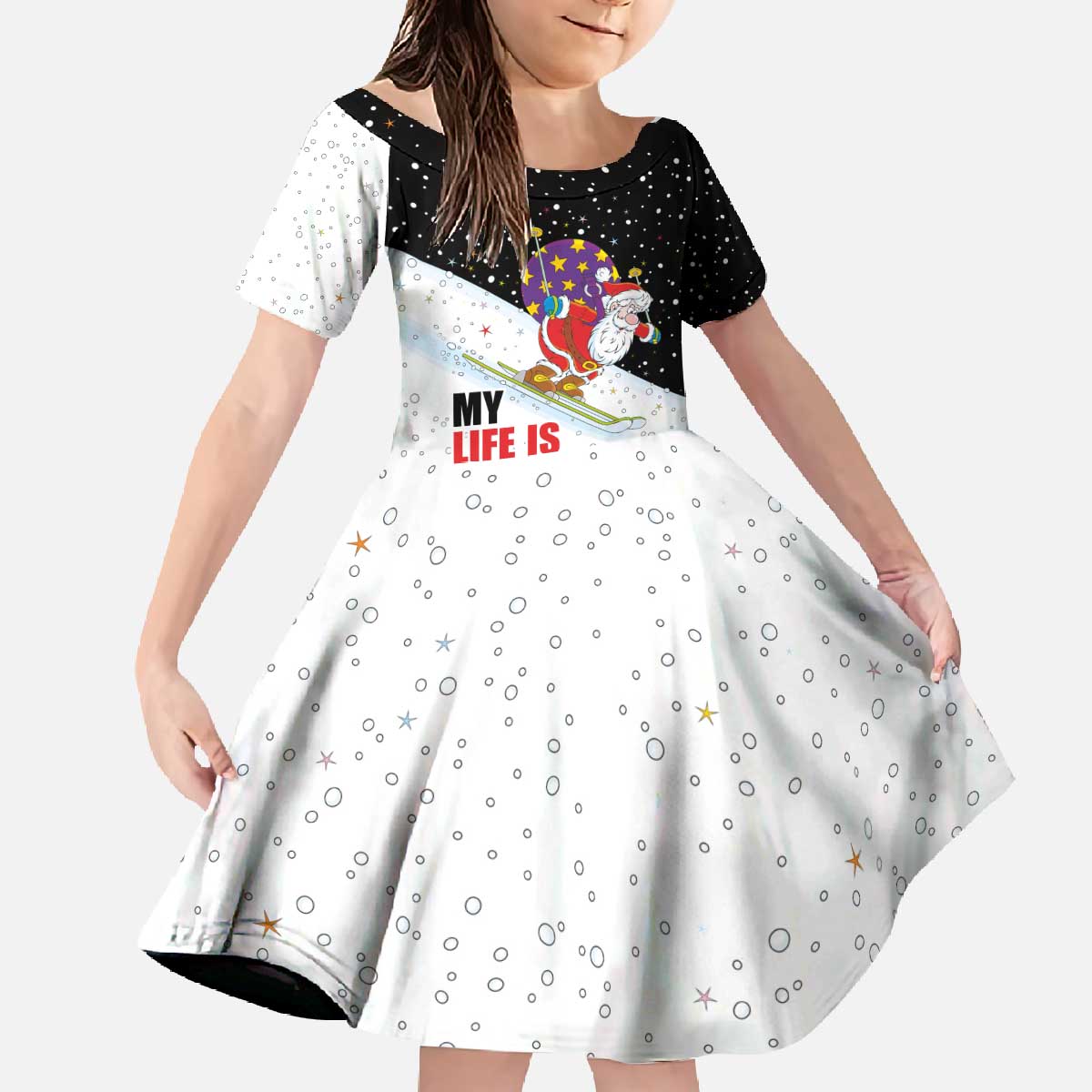 Santa Claus Ski My Life Is Going Downhill Christmas Family Matching Off The Shoulder Long Sleeve Dress and Hawaiian Shirt Xmas Holiday Patterns - Wonder Print Shop