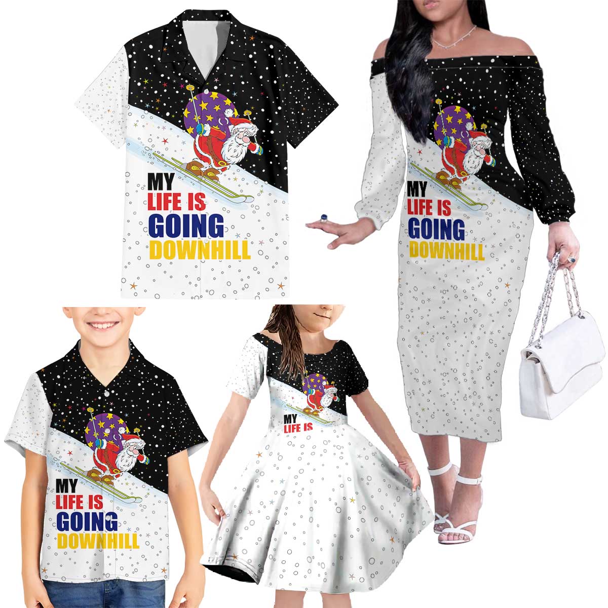 Santa Claus Ski My Life Is Going Downhill Christmas Family Matching Off The Shoulder Long Sleeve Dress and Hawaiian Shirt Xmas Holiday Patterns - Wonder Print Shop
