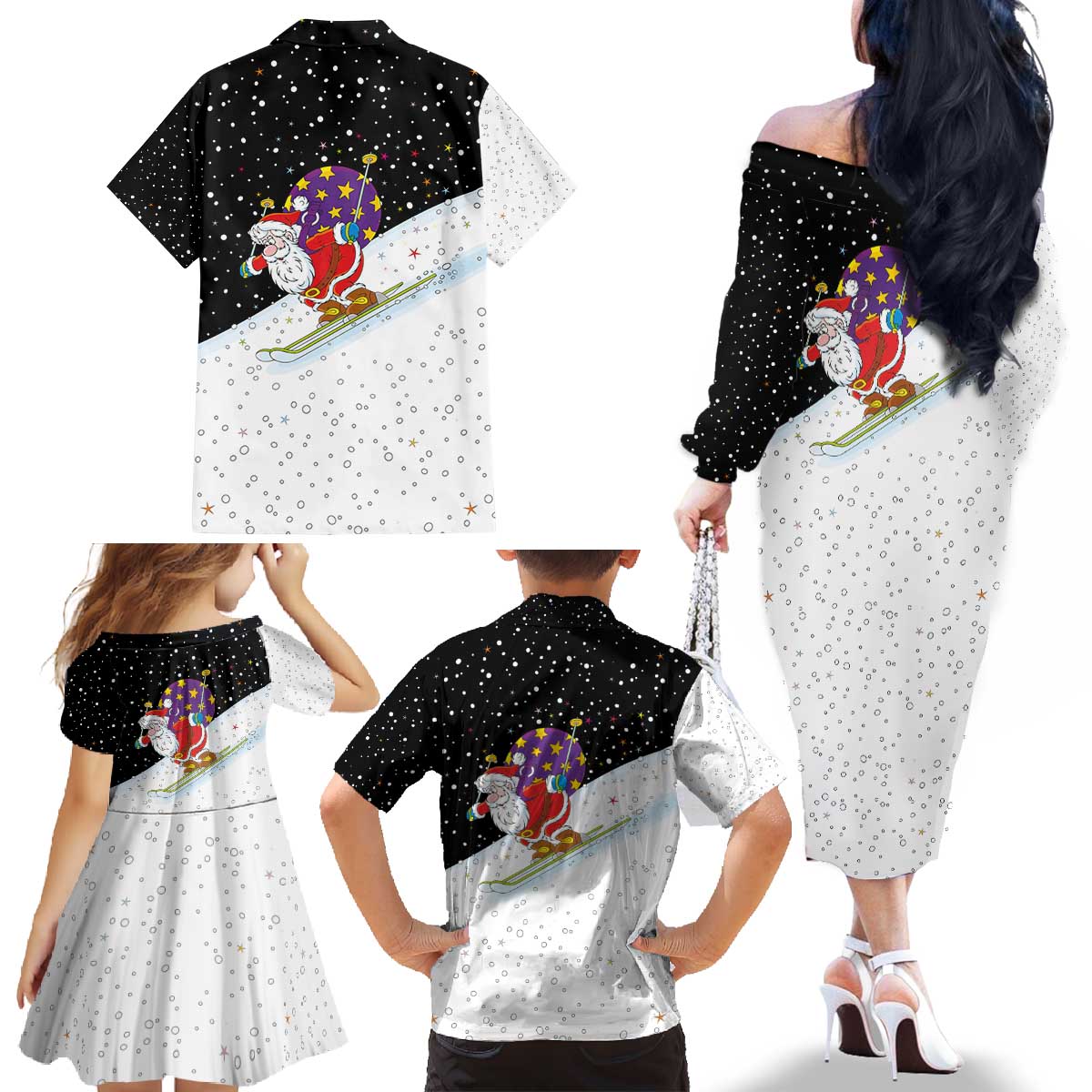 Santa Claus Ski My Life Is Going Downhill Christmas Family Matching Off The Shoulder Long Sleeve Dress and Hawaiian Shirt Xmas Holiday Patterns - Wonder Print Shop