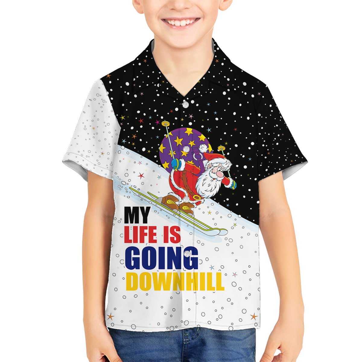 Santa Claus Ski My Life Is Going Downhill Christmas Family Matching Off The Shoulder Long Sleeve Dress and Hawaiian Shirt Xmas Holiday Patterns - Wonder Print Shop
