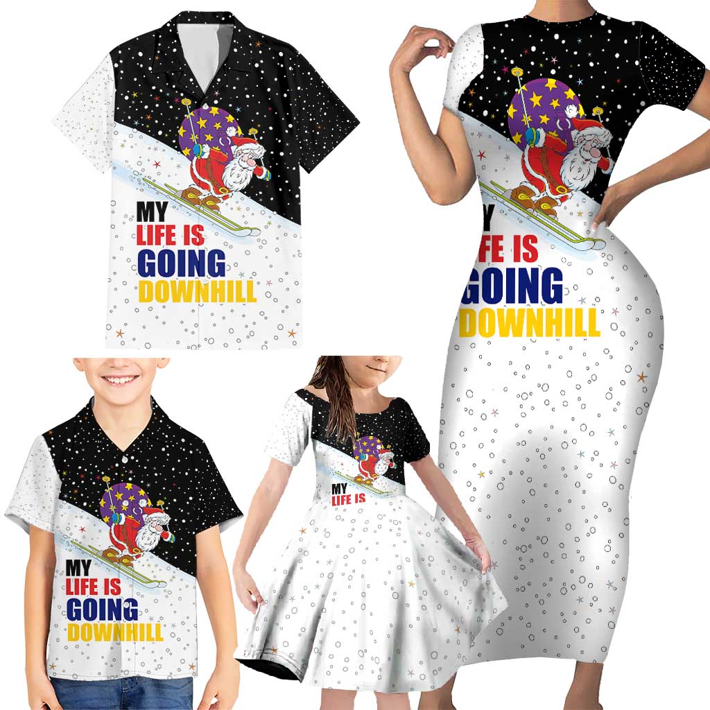 Santa Claus Ski My Life Is Going Downhill Christmas Family Matching Short Sleeve Bodycon Dress and Hawaiian Shirt Xmas Holiday Patterns - Wonder Print Shop