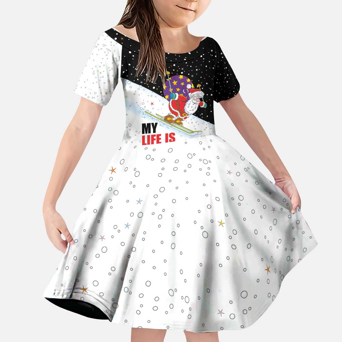 Santa Claus Ski My Life Is Going Downhill Christmas Kid Short Sleeve Dress Xmas Holiday Patterns - Wonder Print Shop