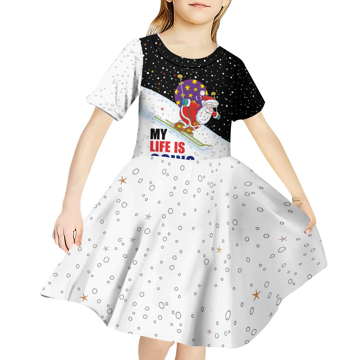 Santa Claus Ski My Life Is Going Downhill Christmas Kid Short Sleeve Dress Xmas Holiday Patterns - Wonder Print Shop