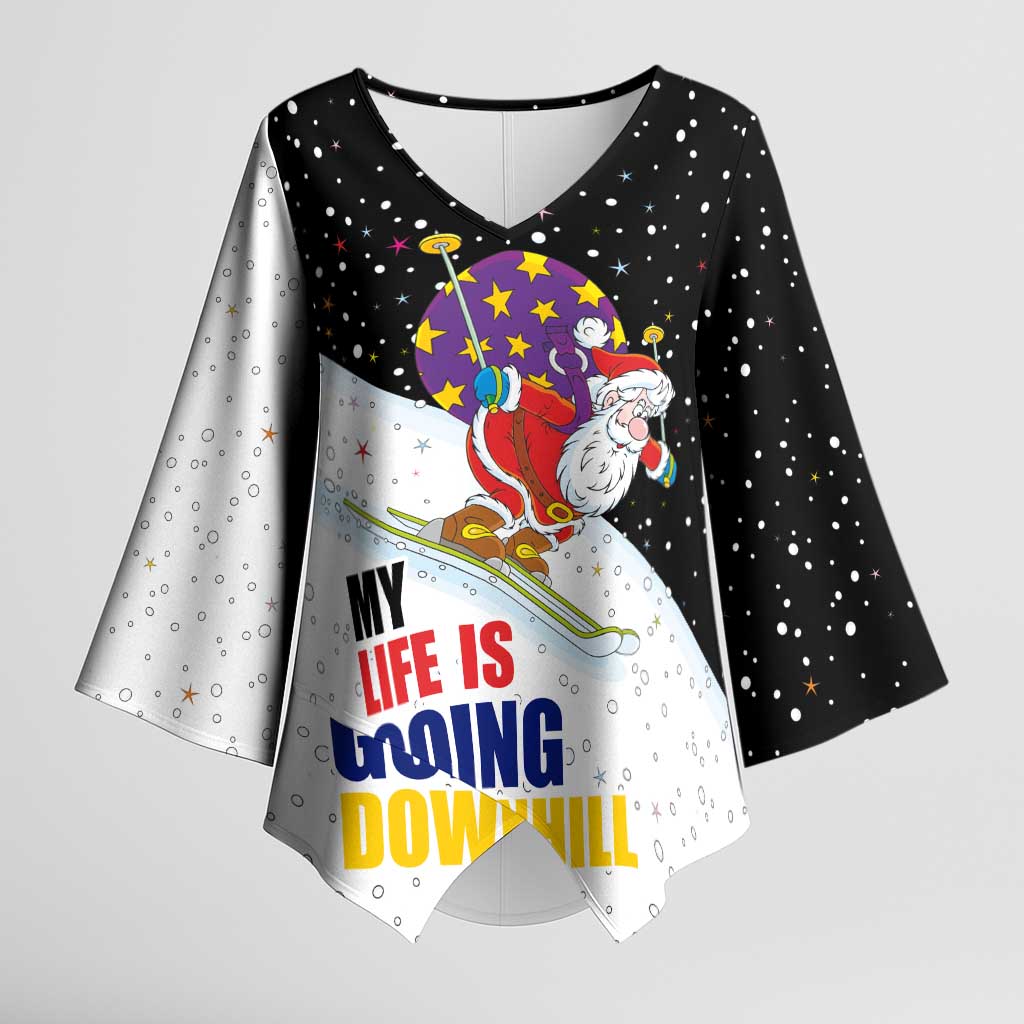 Santa Claus Ski My Life Is Going Downhill Christmas Kimono Sleeve Blouse Xmas Holiday Patterns - Wonder Print Shop
