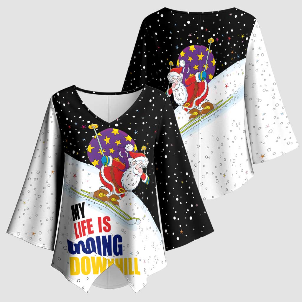 Santa Claus Ski My Life Is Going Downhill Christmas Kimono Sleeve Blouse Xmas Holiday Patterns - Wonder Print Shop