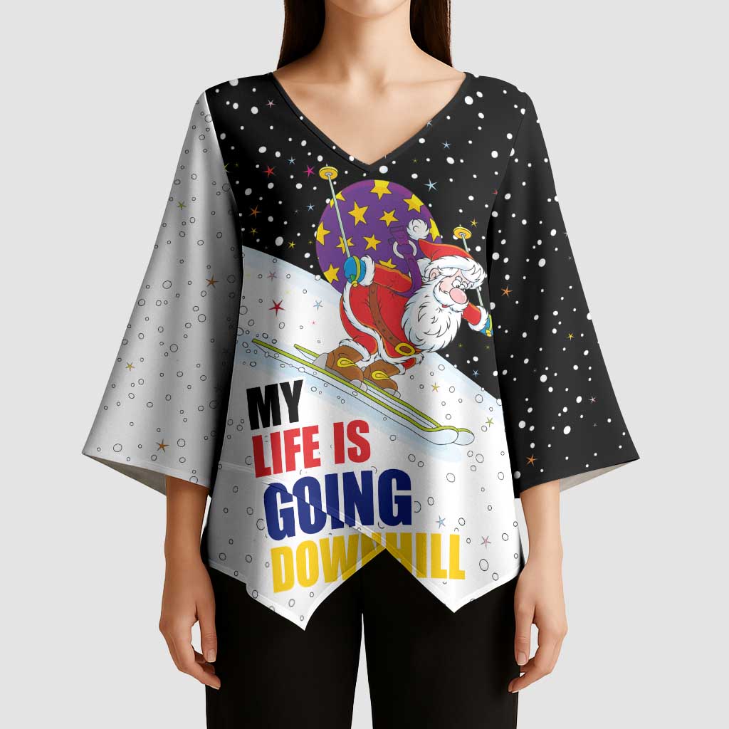 Santa Claus Ski My Life Is Going Downhill Christmas Kimono Sleeve Blouse Xmas Holiday Patterns - Wonder Print Shop