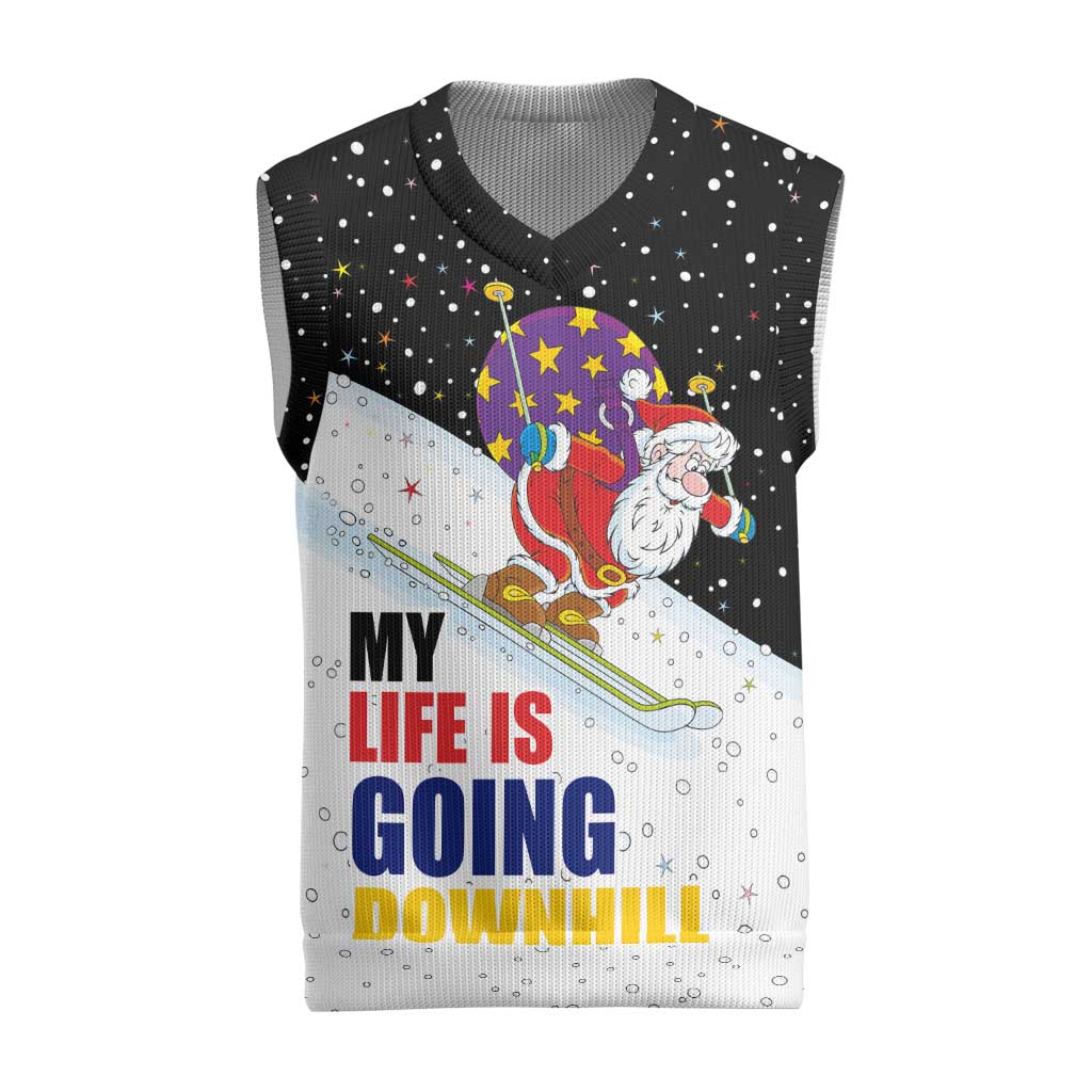 Santa Claus Ski My Life Is Going Downhill Christmas Knitted V-Neck Vest Xmas Holiday Patterns - Wonder Print Shop