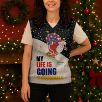 Santa Claus Ski My Life Is Going Downhill Christmas Knitted V-Neck Vest Xmas Holiday Patterns - Wonder Print Shop