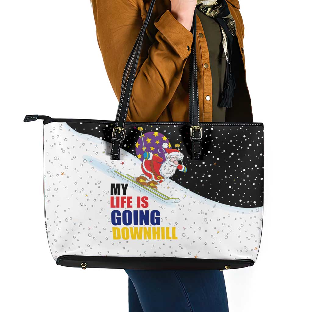 Santa Claus Ski My Life Is Going Downhill Christmas Leather Tote Bag Xmas Holiday Patterns - Wonder Print Shop