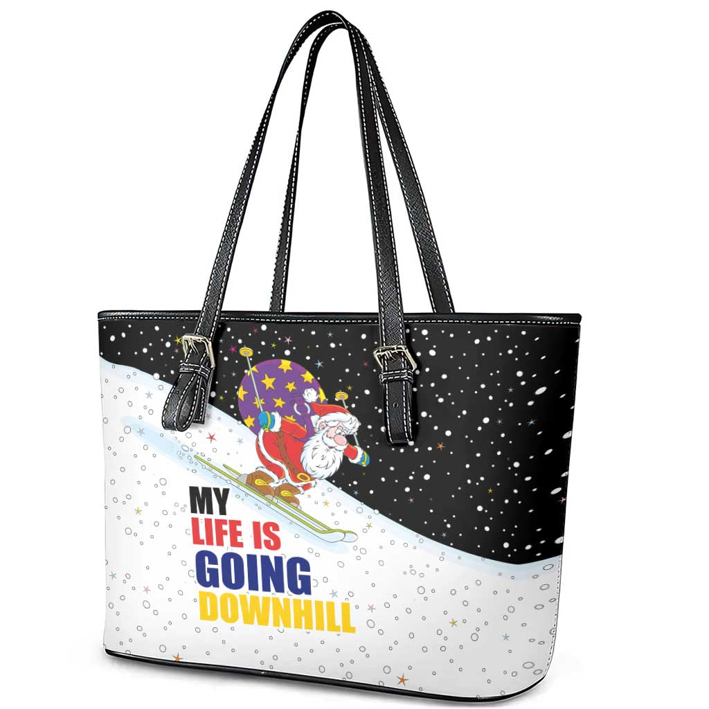 Santa Claus Ski My Life Is Going Downhill Christmas Leather Tote Bag Xmas Holiday Patterns - Wonder Print Shop