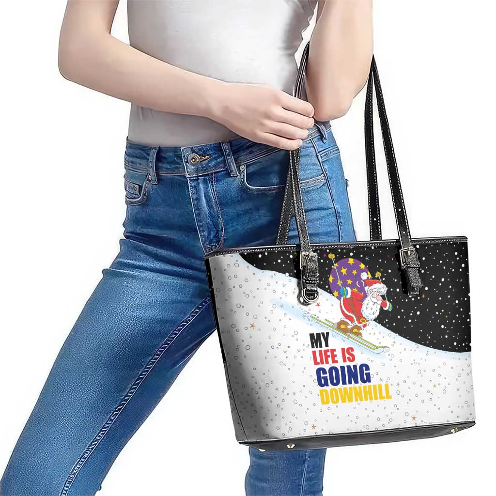 Santa Claus Ski My Life Is Going Downhill Christmas Leather Tote Bag Xmas Holiday Patterns - Wonder Print Shop
