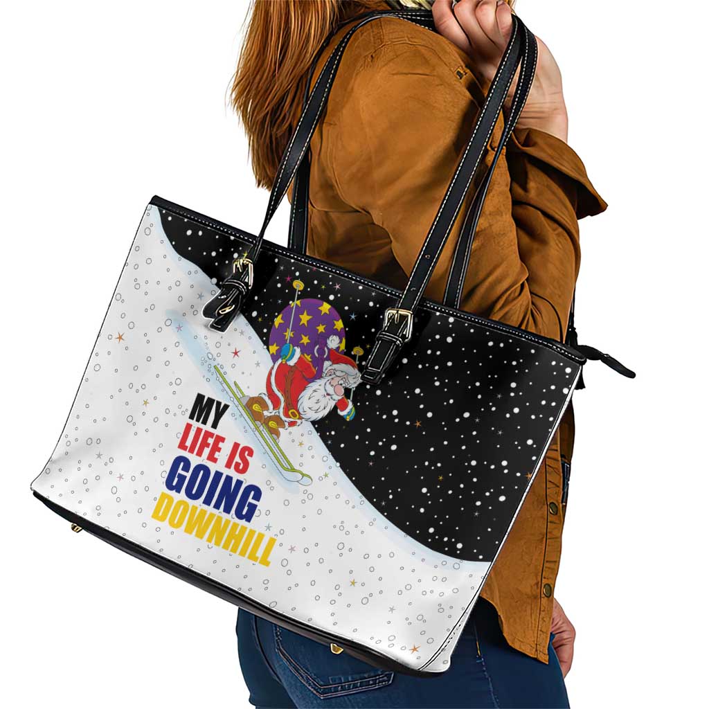 Santa Claus Ski My Life Is Going Downhill Christmas Leather Tote Bag Xmas Holiday Patterns - Wonder Print Shop