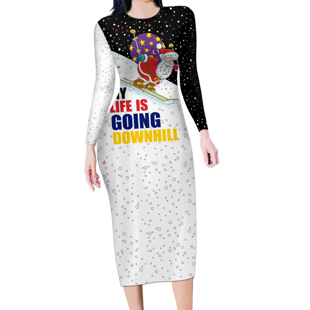 Santa Claus Ski My Life Is Going Downhill Christmas Long Sleeve Bodycon Dress Xmas Holiday Patterns - Wonder Print Shop