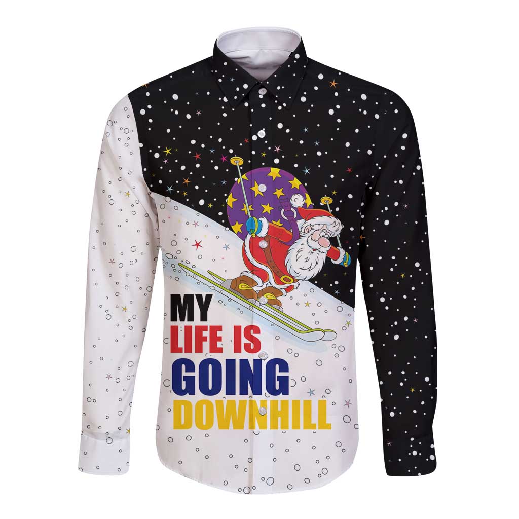 Santa Claus Ski My Life Is Going Downhill Christmas Long Sleeve Button Shirt Xmas Holiday Patterns - Wonder Print Shop