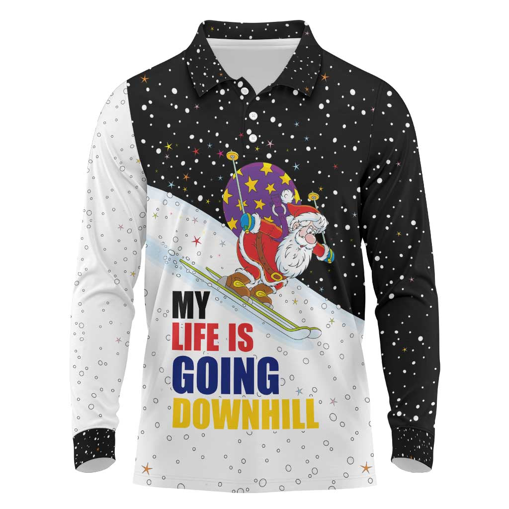 Santa Claus Ski My Life Is Going Downhill Christmas Long Sleeve Polo Shirt Xmas Holiday Patterns - Wonder Print Shop