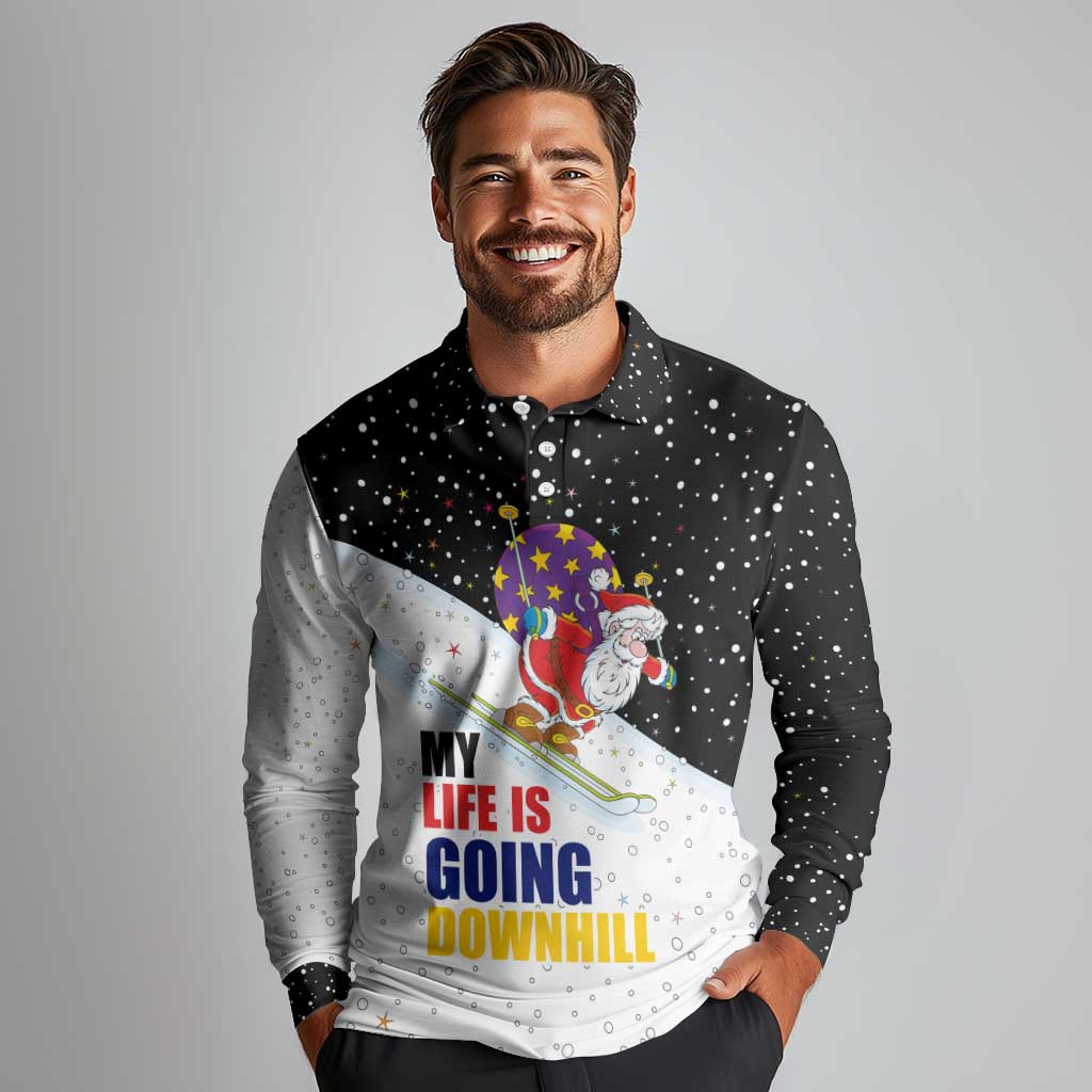 Santa Claus Ski My Life Is Going Downhill Christmas Long Sleeve Polo Shirt Xmas Holiday Patterns - Wonder Print Shop