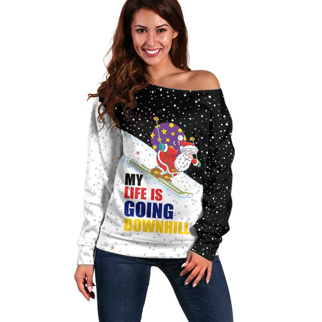 Santa Claus Ski My Life Is Going Downhill Christmas Off Shoulder Sweater Xmas Holiday Patterns - Wonder Print Shop