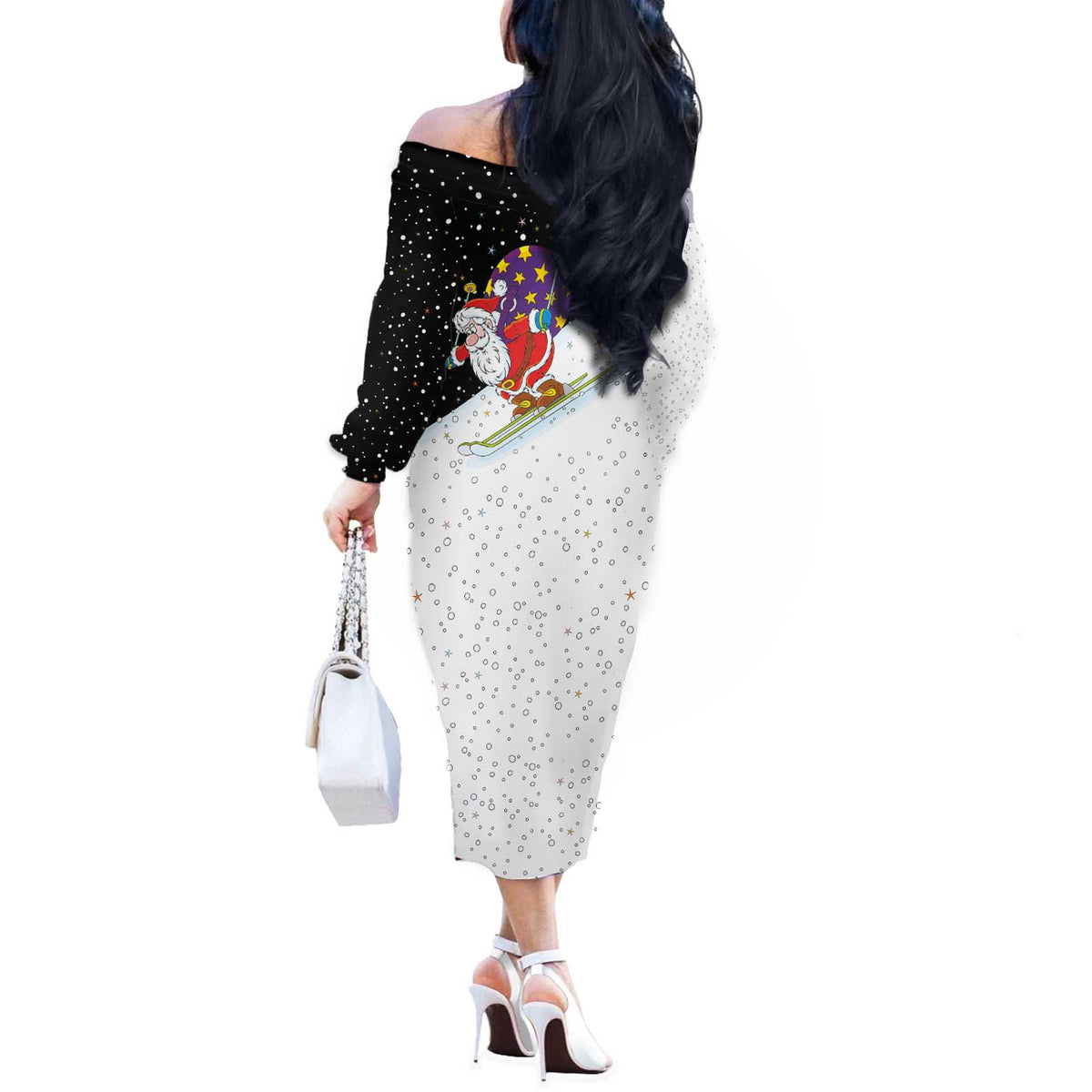 Santa Claus Ski My Life Is Going Downhill Christmas Off The Shoulder Long Sleeve Dress Xmas Holiday Patterns - Wonder Print Shop