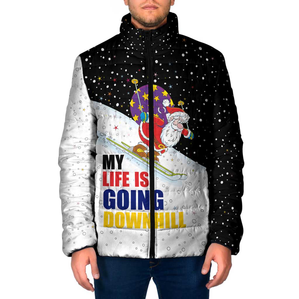 Santa Claus Ski My Life Is Going Downhill Christmas Padded Jacket Xmas Holiday Patterns - Wonder Print Shop