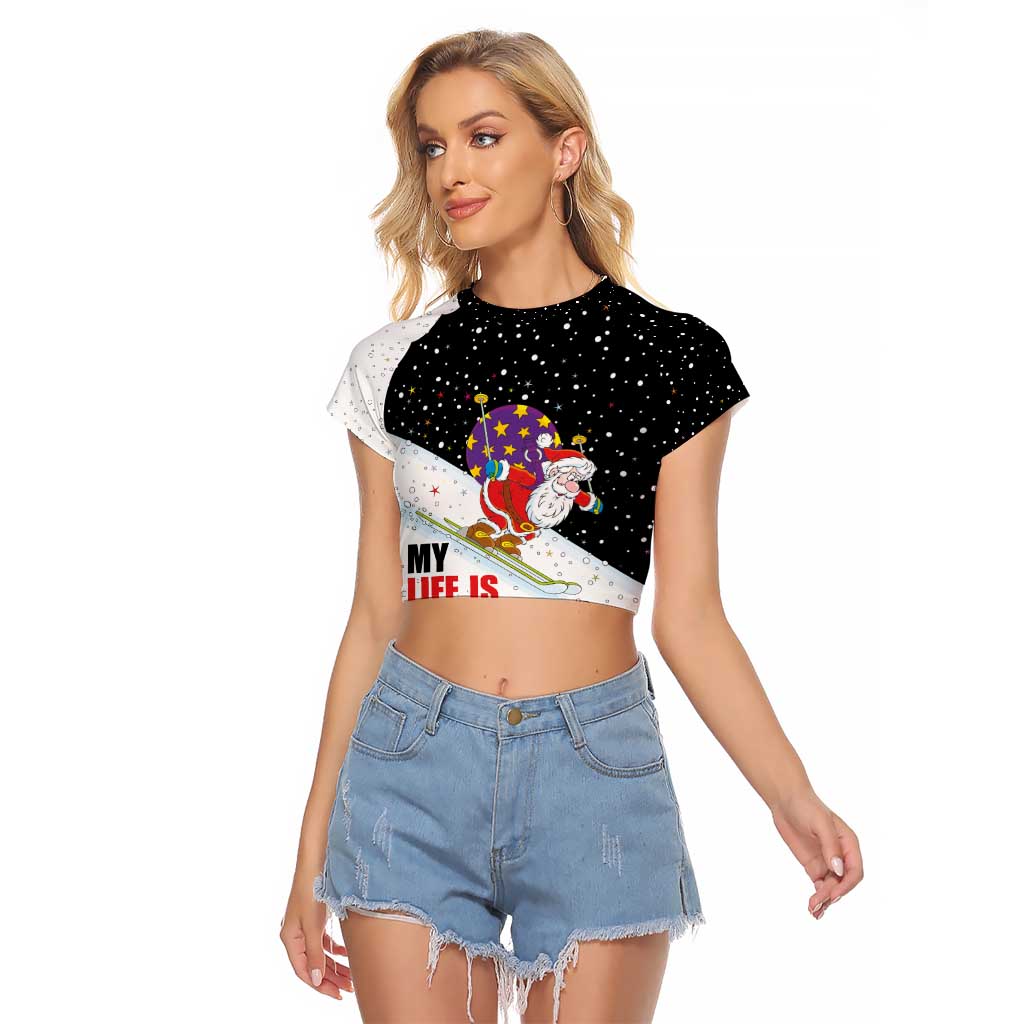 Santa Claus Ski My Life Is Going Downhill Christmas Raglan Cropped T Shirt Xmas Holiday Patterns - Wonder Print Shop