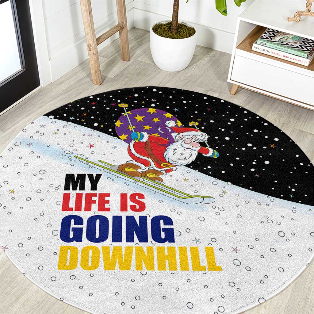 Santa Claus Ski My Life Is Going Downhill Christmas Round Carpet Xmas Holiday Patterns - Wonder Print Shop