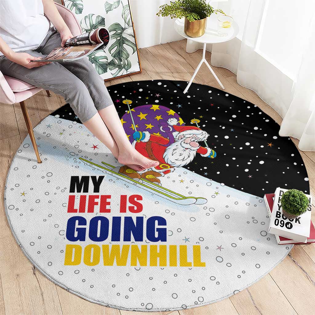 Santa Claus Ski My Life Is Going Downhill Christmas Round Carpet Xmas Holiday Patterns - Wonder Print Shop