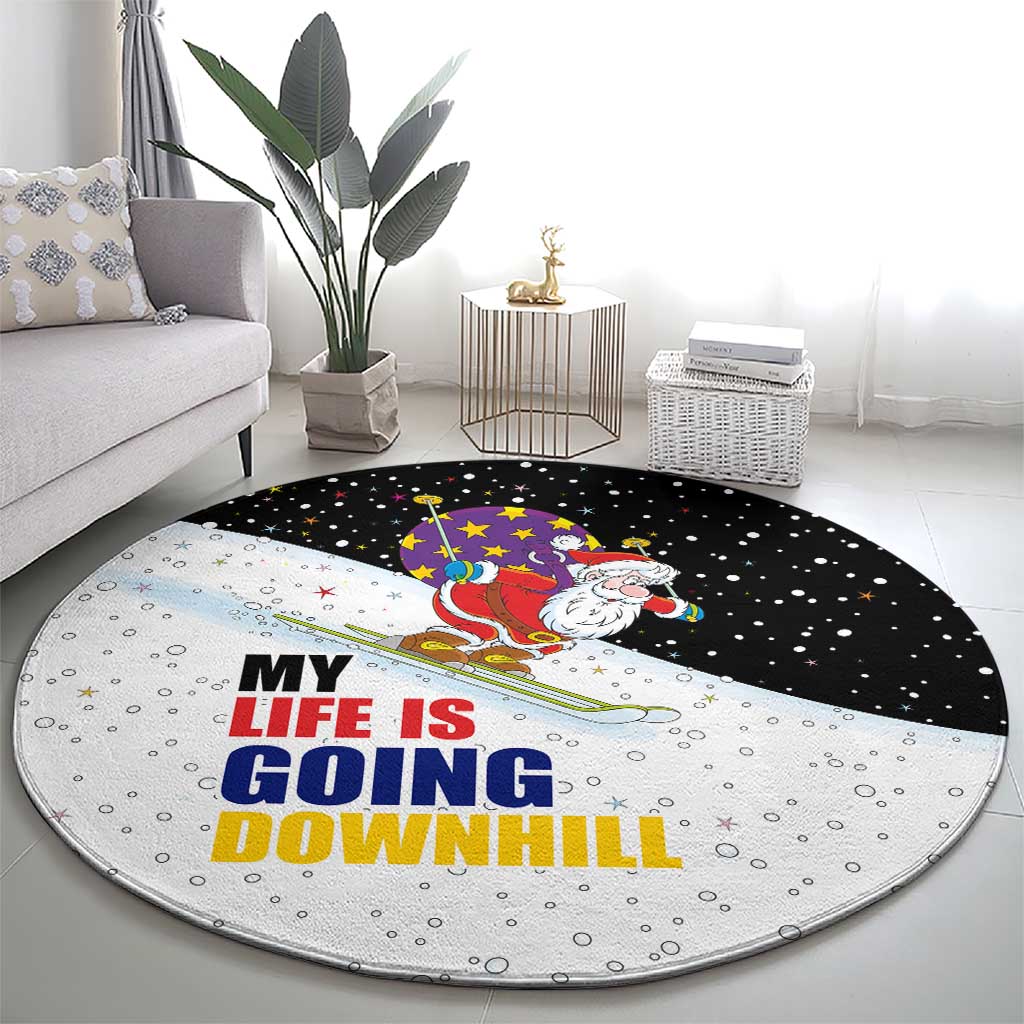 Santa Claus Ski My Life Is Going Downhill Christmas Round Carpet Xmas Holiday Patterns - Wonder Print Shop