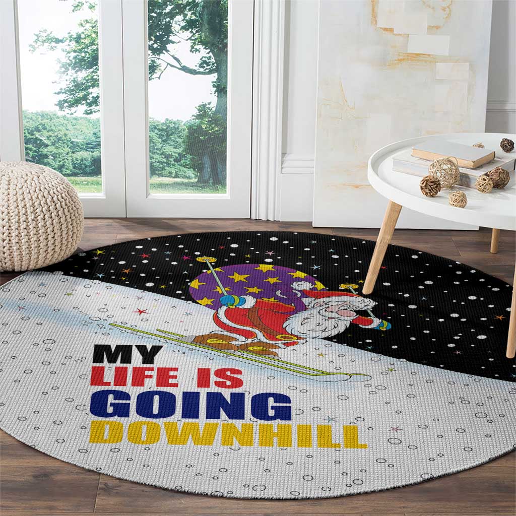 Santa Claus Ski My Life Is Going Downhill Christmas Round Carpet Xmas Holiday Patterns - Wonder Print Shop