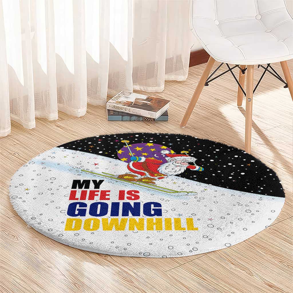 Santa Claus Ski My Life Is Going Downhill Christmas Round Carpet Xmas Holiday Patterns - Wonder Print Shop