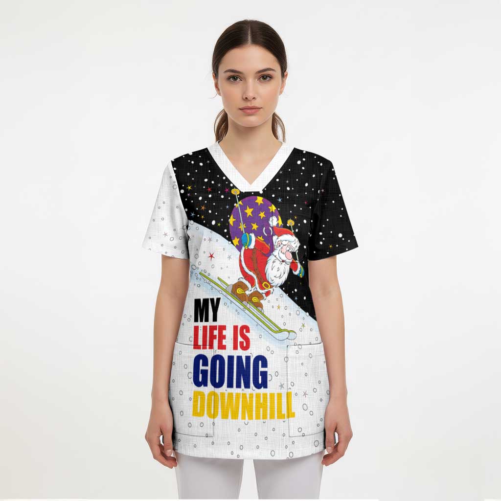 Santa Claus Ski My Life Is Going Downhill Christmas Scrub Top Xmas Holiday Patterns - Wonder Print Shop