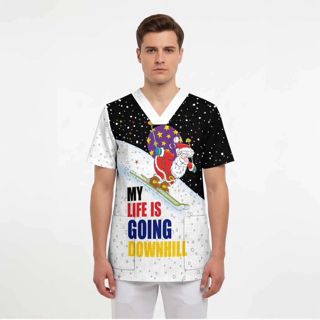 Santa Claus Ski My Life Is Going Downhill Christmas Scrub Top Xmas Holiday Patterns - Wonder Print Shop
