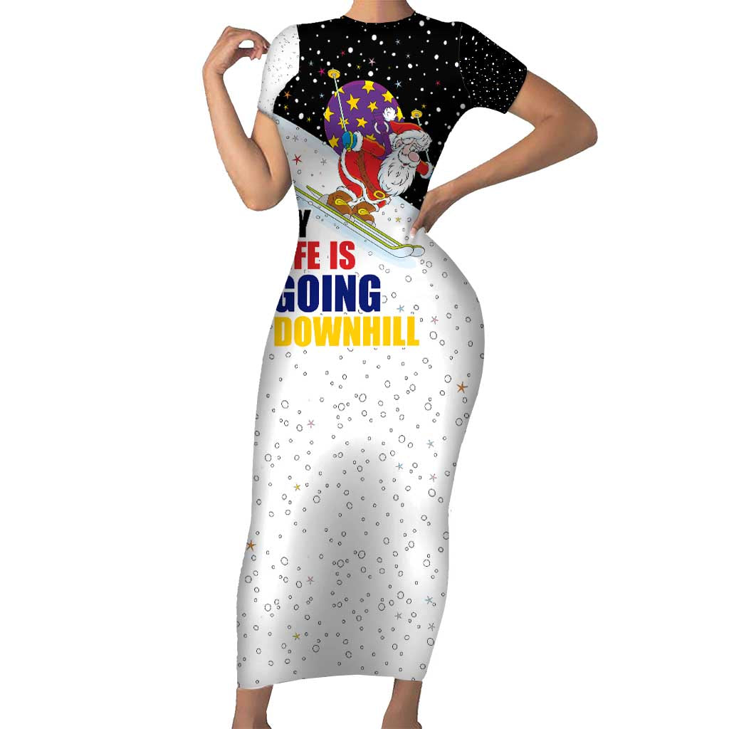 Santa Claus Ski My Life Is Going Downhill Christmas Short Sleeve Bodycon Dress Xmas Holiday Patterns - Wonder Print Shop