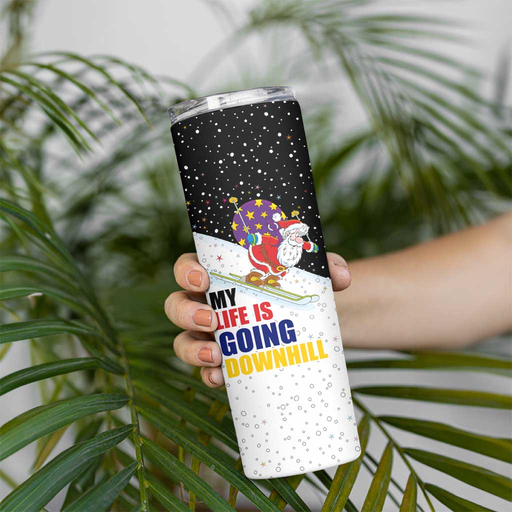 Santa Claus Ski My Life Is Going Downhill Christmas Skinny Tumbler Xmas Holiday Patterns - Wonder Print Shop