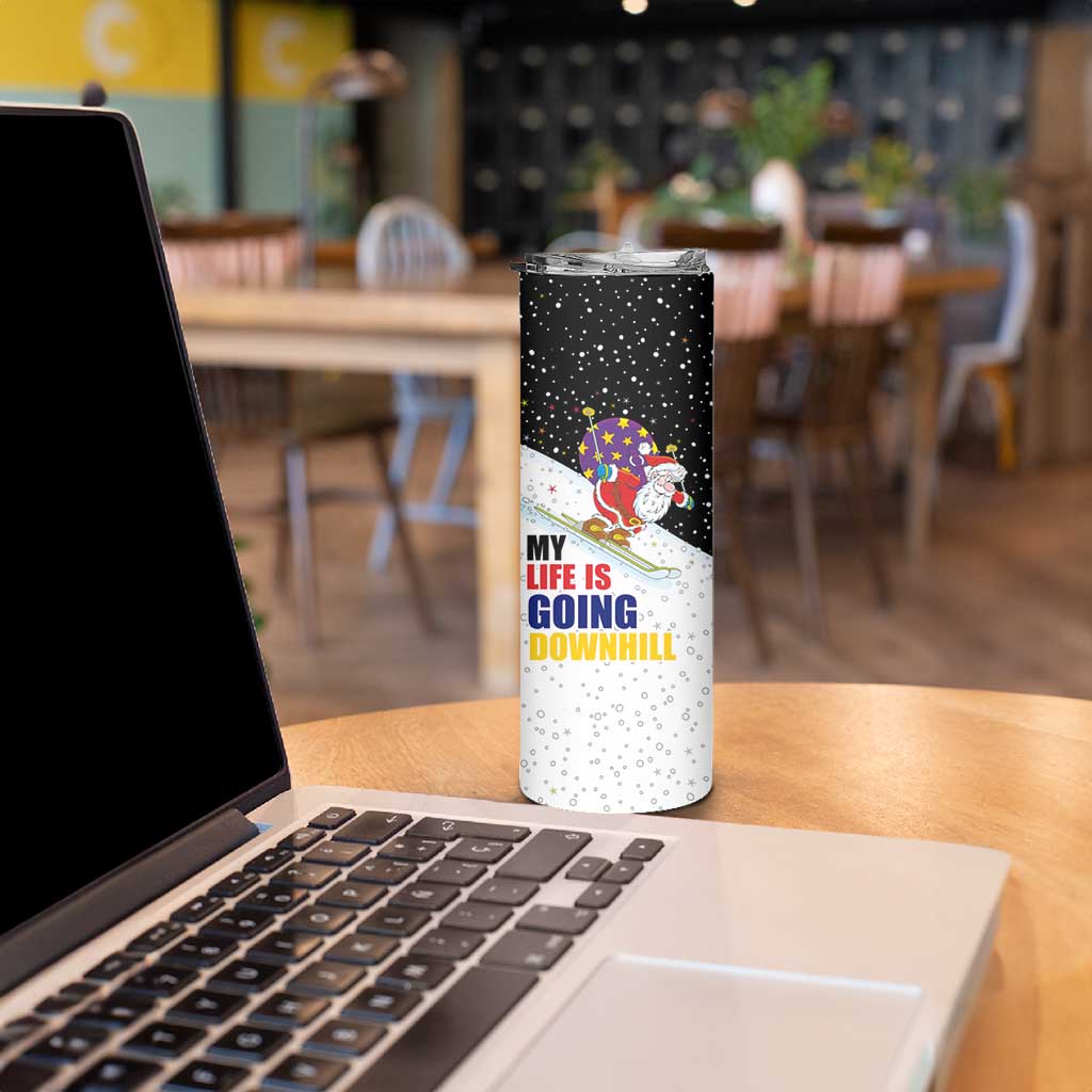 Santa Claus Ski My Life Is Going Downhill Christmas Skinny Tumbler Xmas Holiday Patterns - Wonder Print Shop