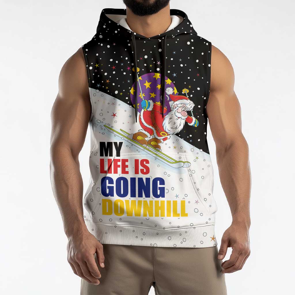 Santa Claus Ski My Life Is Going Downhill Christmas Sleeveless Hoodie Xmas Holiday Patterns - Wonder Print Shop