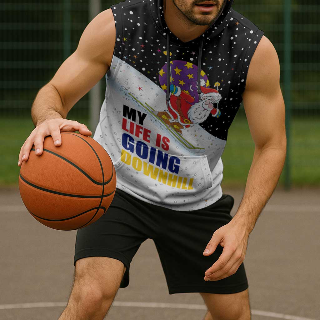 Santa Claus Ski My Life Is Going Downhill Christmas Sleeveless Hoodie Xmas Holiday Patterns - Wonder Print Shop