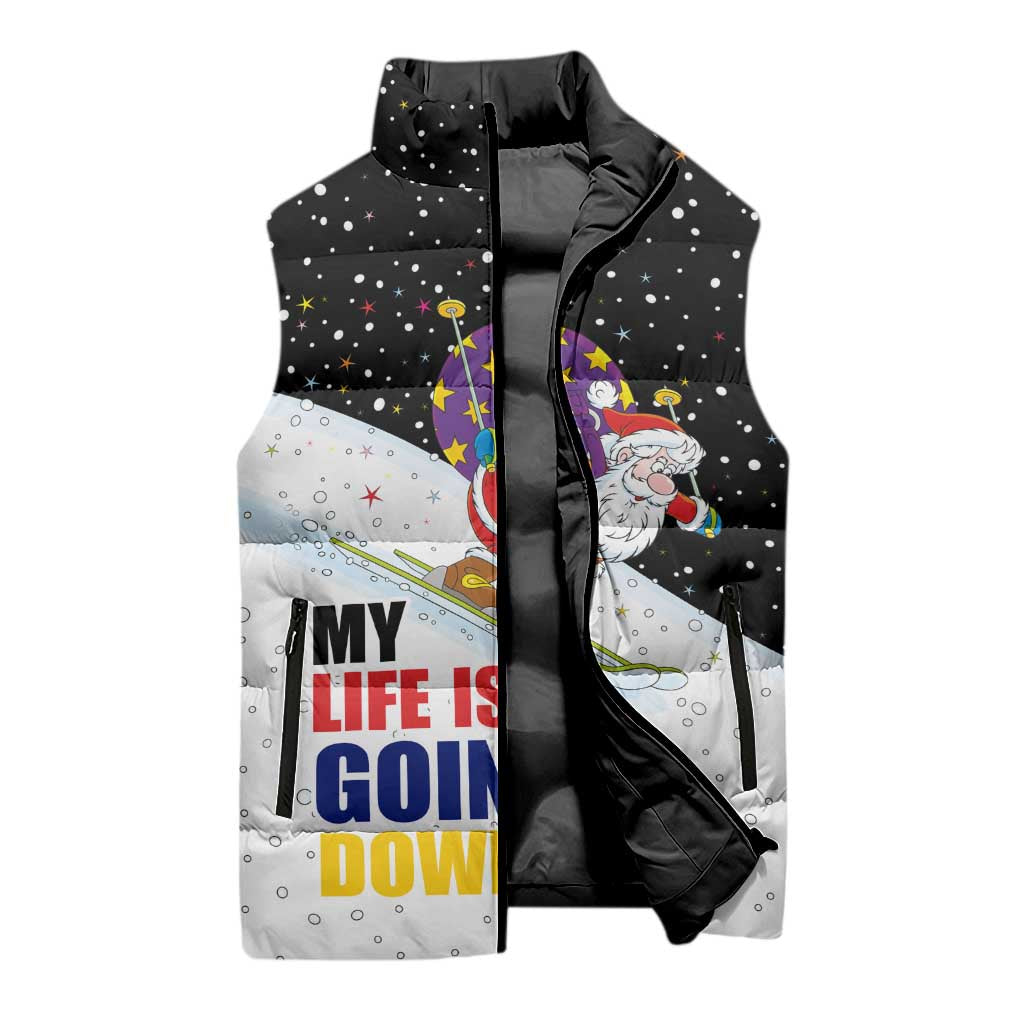 Santa Claus Ski My Life Is Going Downhill Christmas Sleeveless Puffer Jacket Xmas Holiday Patterns - Wonder Print Shop